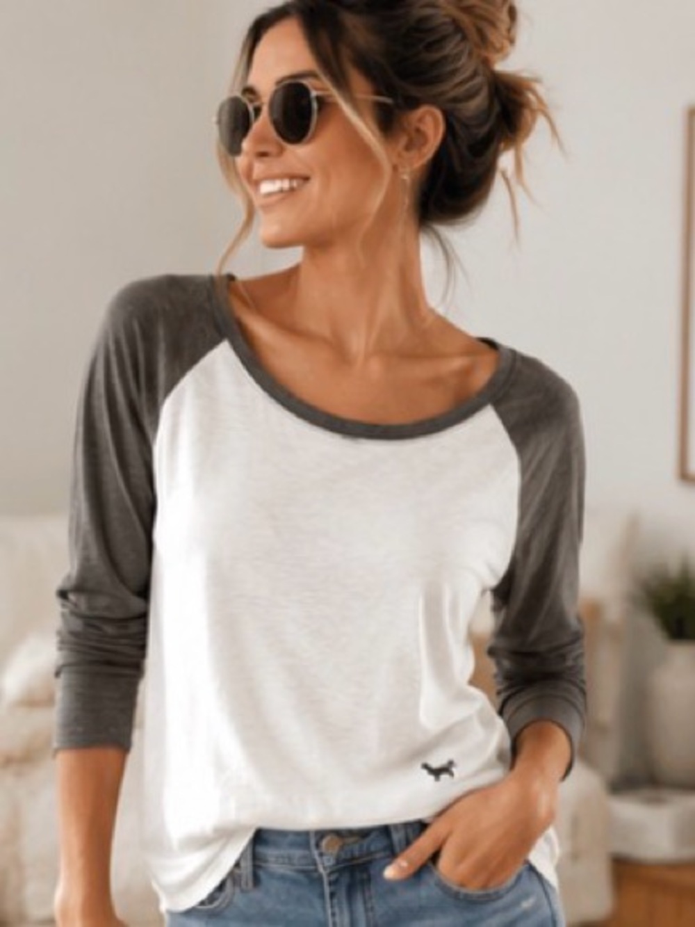 Victoria’s Secret PINK Raglan Long Sleeve Tee Gray White Medium